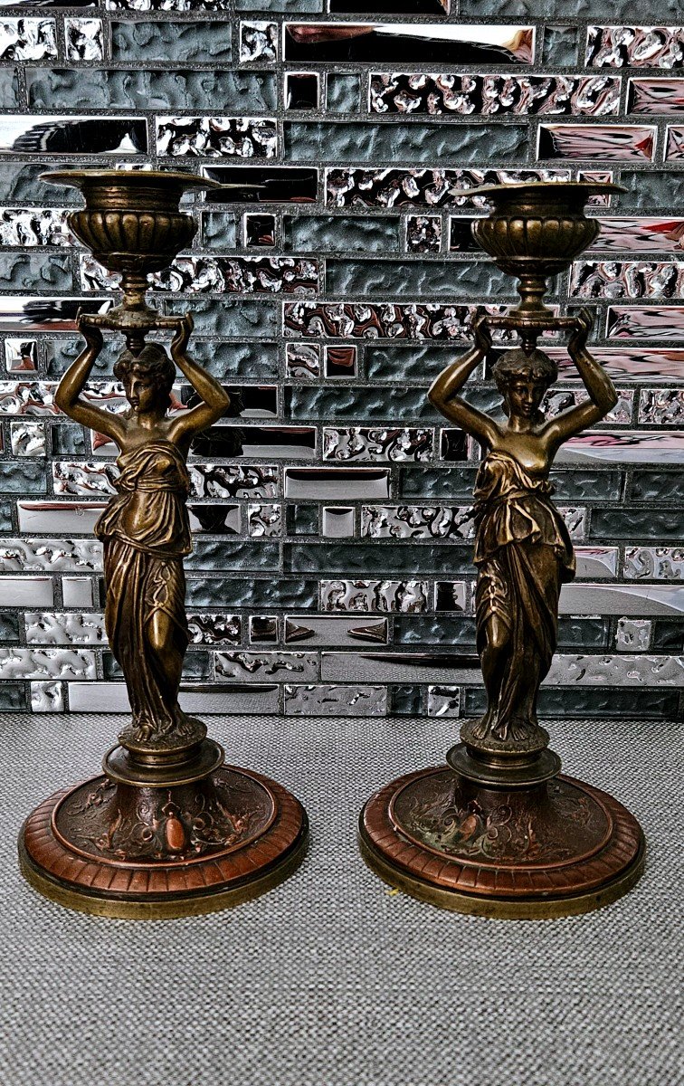 Pair Of Bronze Caryatid Candlesticks Ab Paris