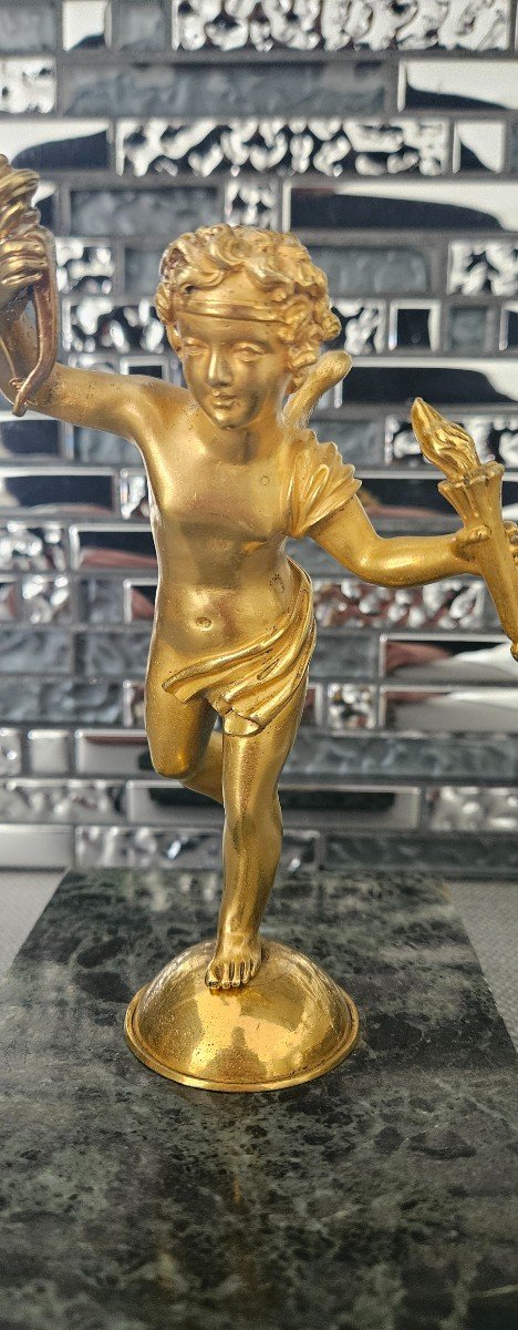 Gilded Bronze Angel With Bow And Torches Marble Base-photo-2