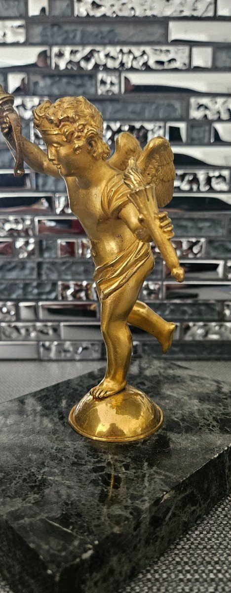 Gilded Bronze Angel With Bow And Torches Marble Base-photo-3