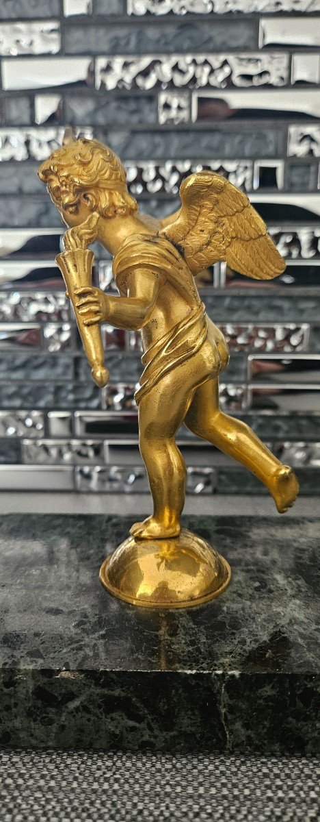 Gilded Bronze Angel With Bow And Torches Marble Base-photo-4