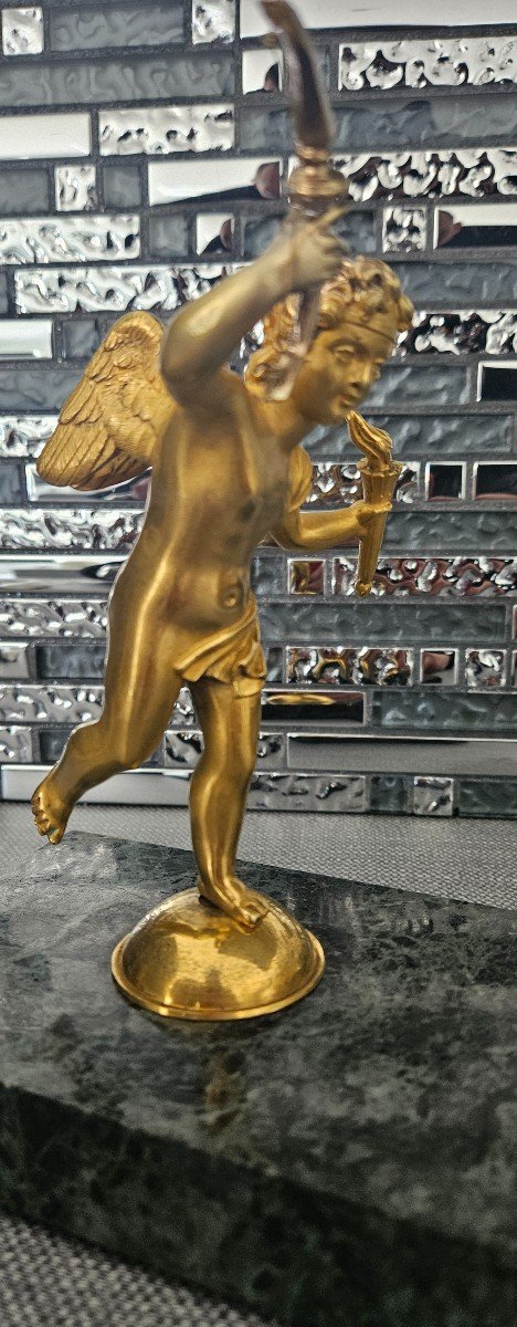 Gilded Bronze Angel With Bow And Torches Marble Base-photo-1