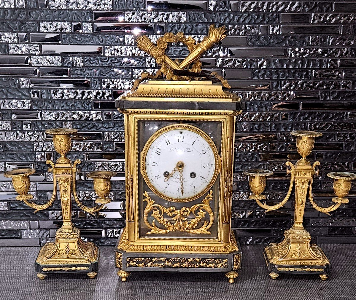 Cage Clock And 2 Candlesticks Gilded Bronze Le Roy Et Fils 