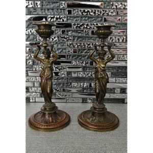 Pair Of Bronze Candlesticks With Caryatids Ab Paris 