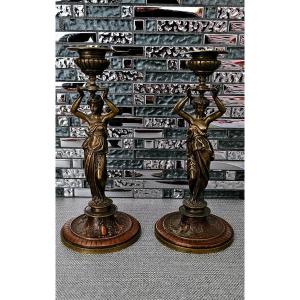 Paire De Bougeoir Cariatides Bronze A.b Paris