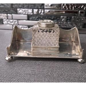 English Silver And Crystal Inkwell 