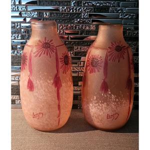 Pair Of Legras Vases Acid Etched Glass Paste 30cm