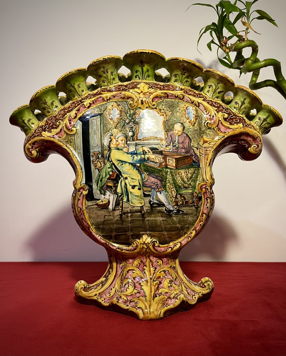 Large Tulip Vase With 18 Flowers In Italian Earthenware By Angelo Minghetti, Bologna, 19th Century 