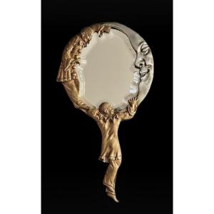 Facing Bronze Hand Mirror - Pierrot Et Colombine