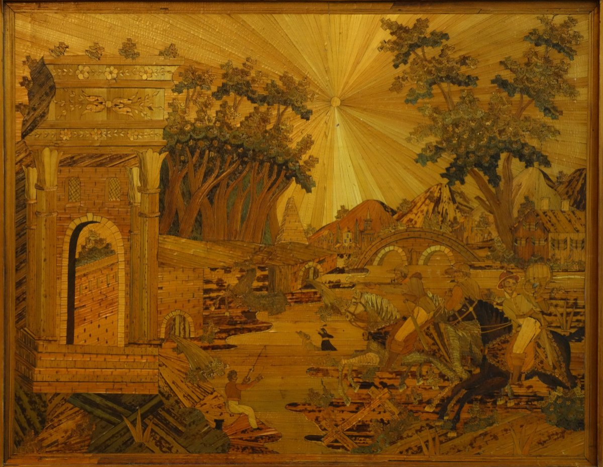 Large Straw Marquetry Painting "hunting" 1820-photo-2