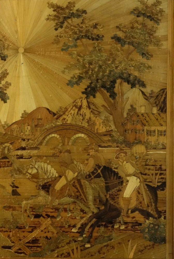 Large Straw Marquetry Painting "hunting" 1820-photo-4