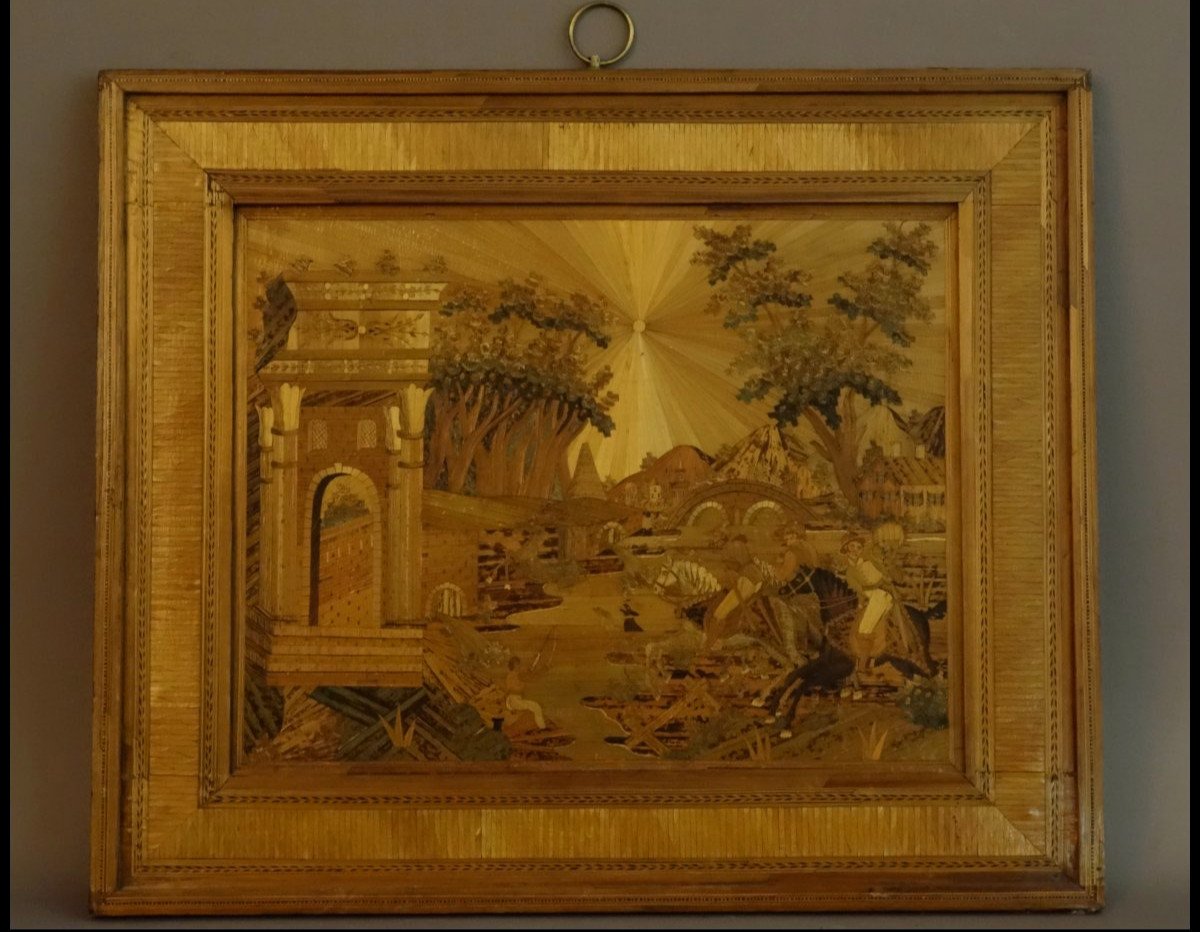 Large Straw Marquetry Painting "hunting" 1820