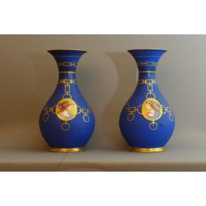 Pair Of Large Fuseau Vases In Paris Porcelain Circa 1830