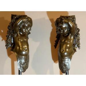Pair Of Estate Bronzes Putti In Caryatid XIXth
