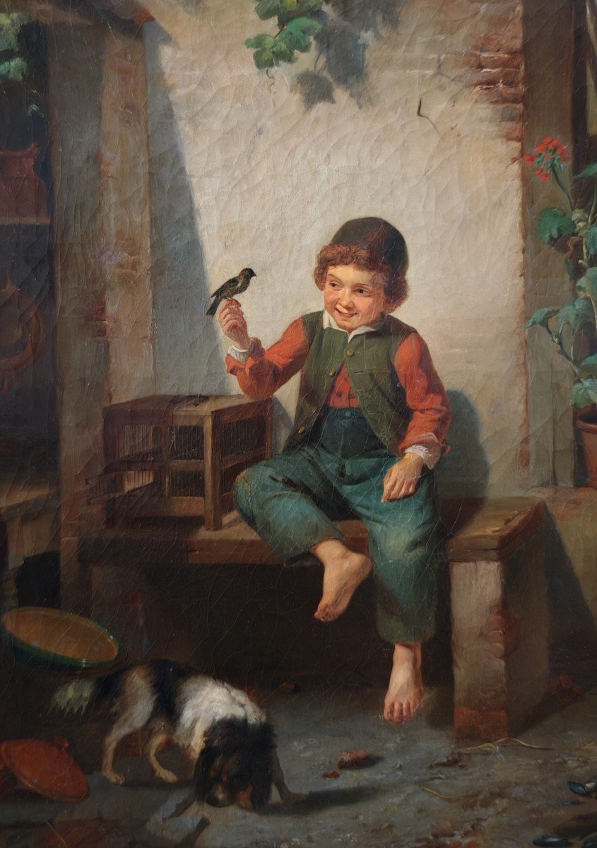  Tableau Jeune Homme à l'oiseau signé et daté de 1847-photo-2