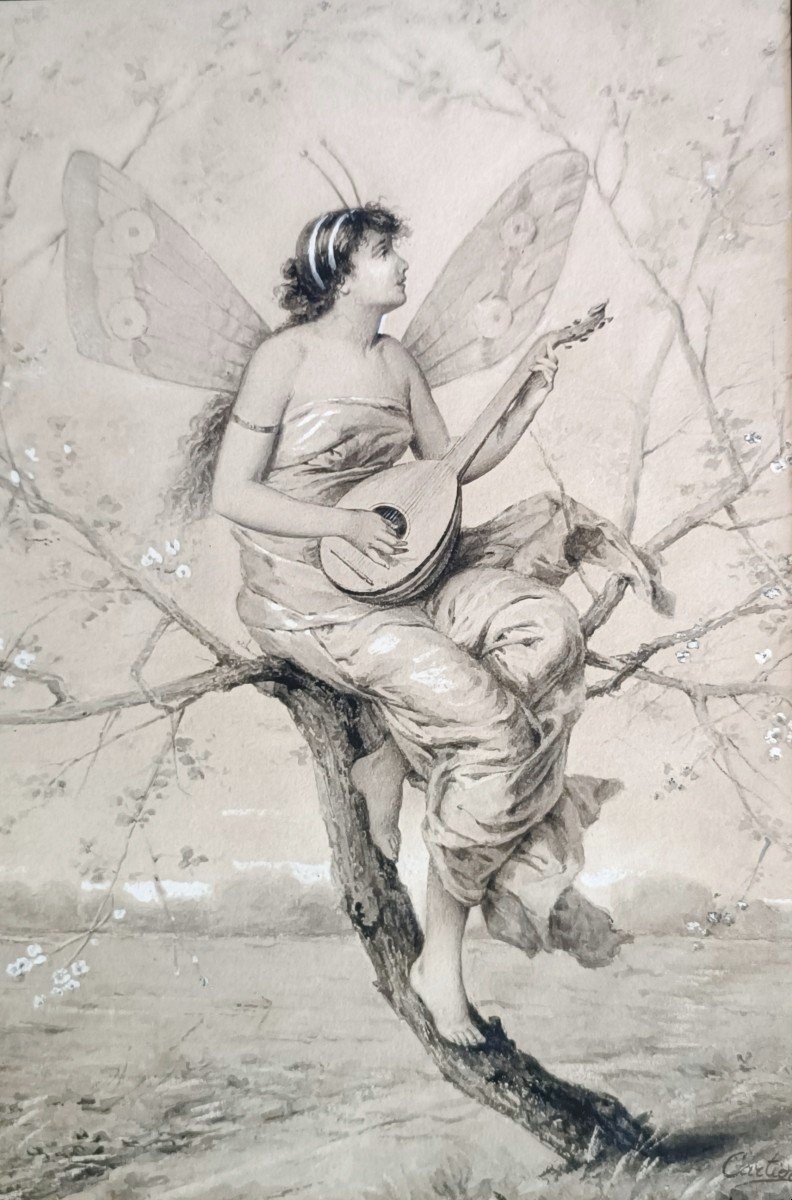 The Cicada Playing The Mandolin Drawing Signed Carlier-photo-2