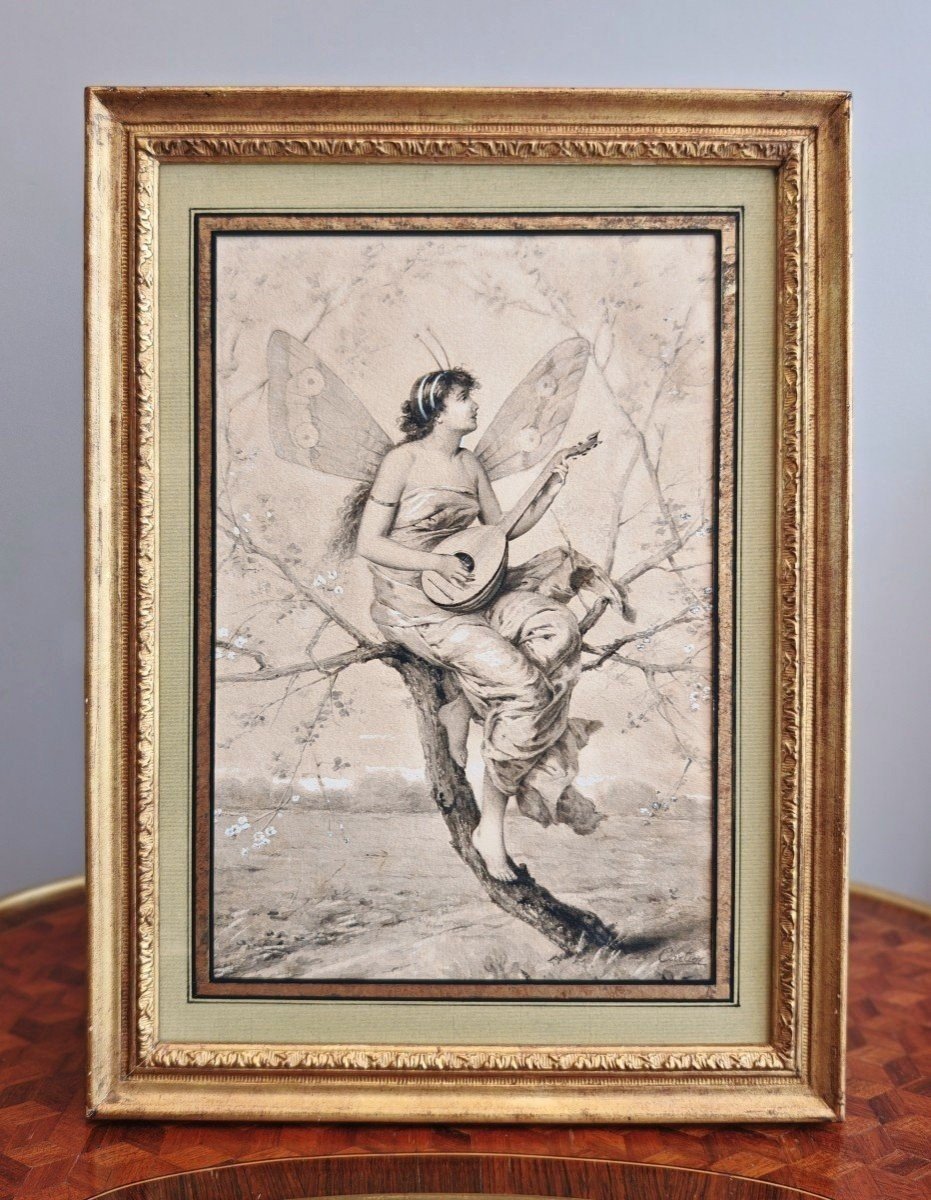 The Cicada Playing The Mandolin Drawing Signed Carlier