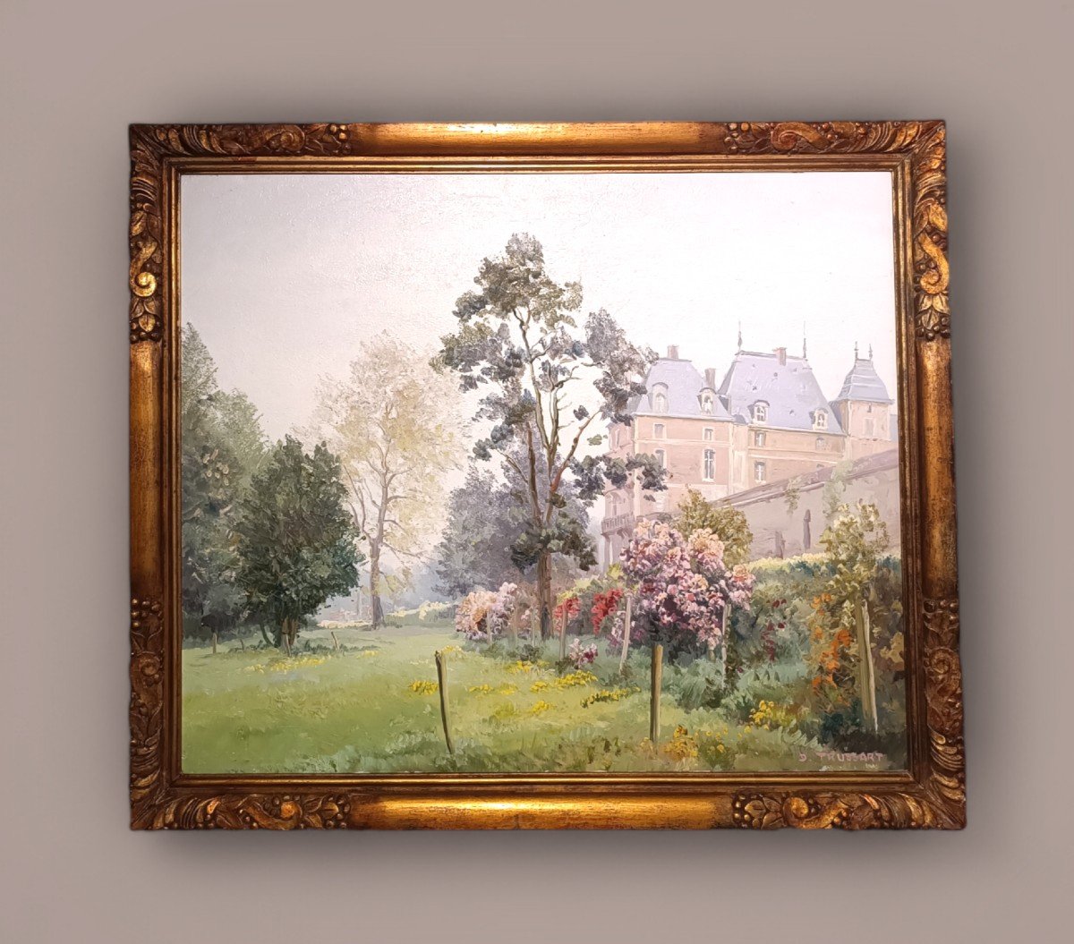 Painting By Daniel Trussart, View Of The Château d'Eu, Garden Side In Spring.