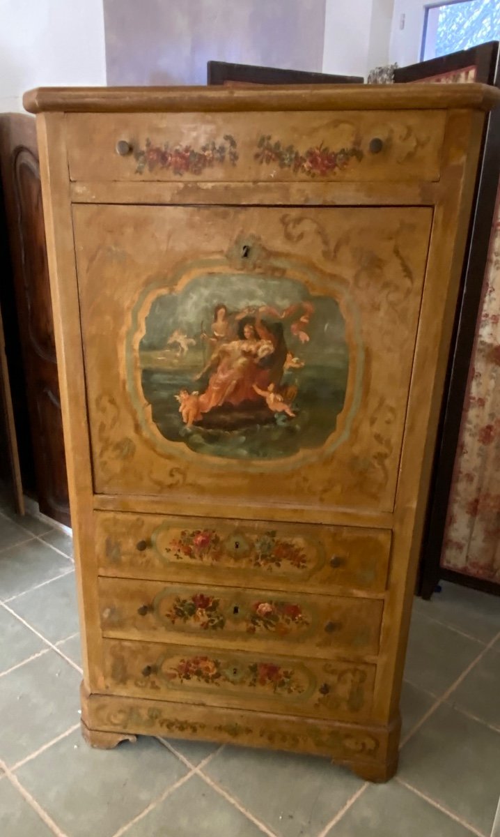 Louis-philippe Style Painted Wooden Secretary Decorated With Cherubs And Characters.-photo-2