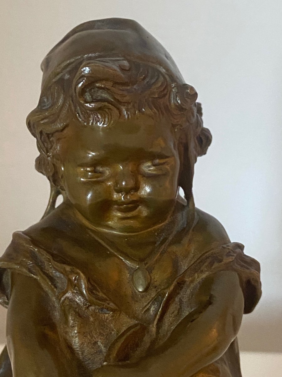 « petite Fille Au Chat Par Juan Clara (1875-1958), Beau Bronze Du XX Eme Siècle. -photo-2