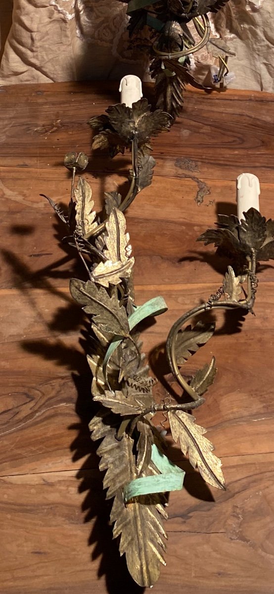 Six Wall Sconces With Sheet Metal Leaves Intertwined With A Ribbon-photo-2