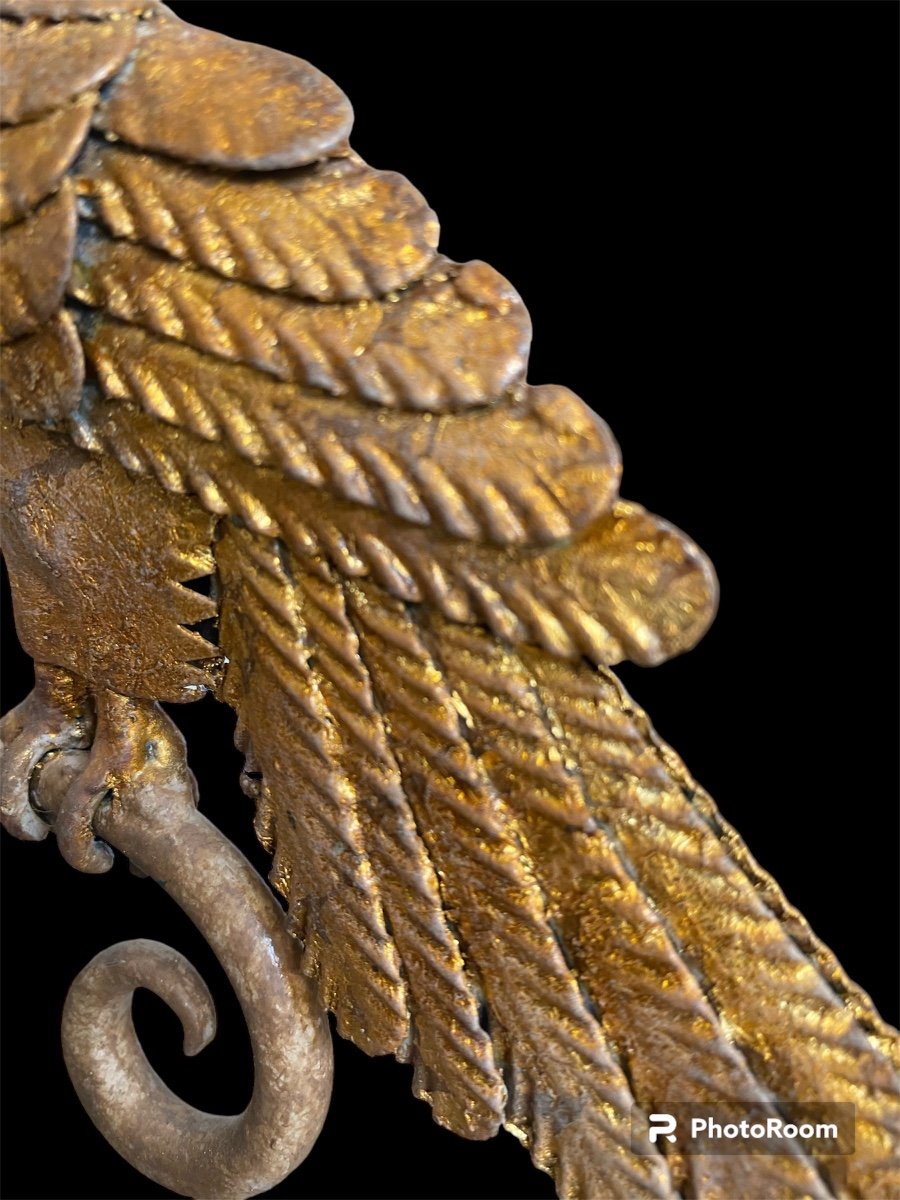 Pair Of Lamps Representing A Parrot In Golden Wrought Iron On An Acanthus Leaf -photo-1