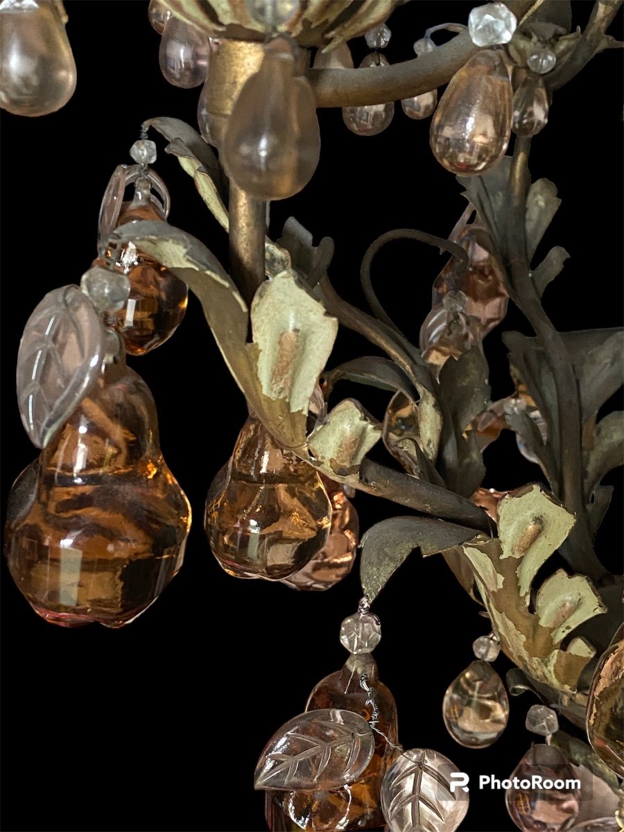 Wrought Iron Chandelier Acanthus Leaves Glass In The Shape Of Crystal Fruits-photo-3