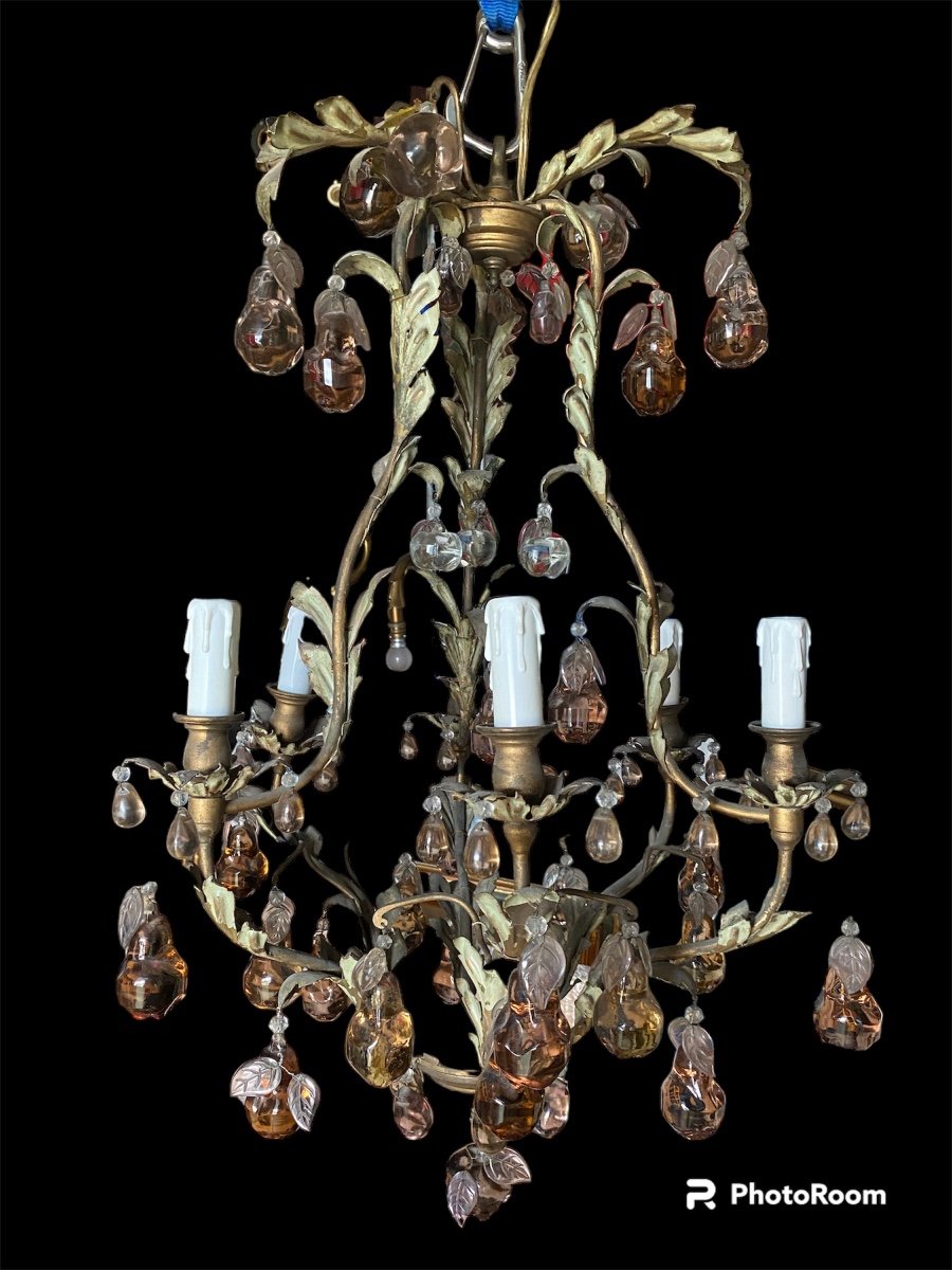 Wrought Iron Chandelier Acanthus Leaves Glass In The Shape Of Crystal Fruits