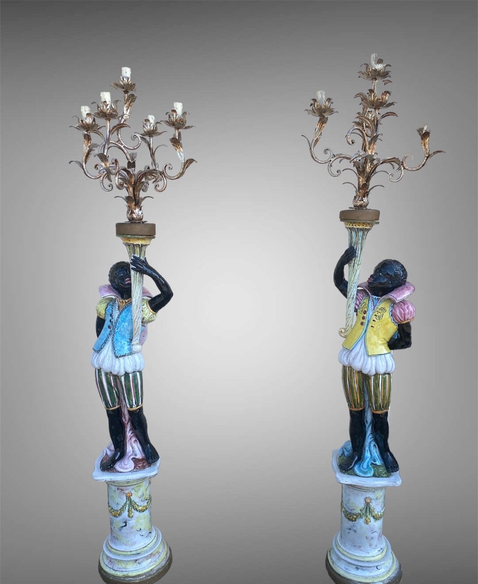 Pair Of Nubian Polychrome Ceramic Torchère 