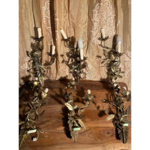 Six Wall Sconces With Sheet Metal Leaves Intertwined With A Ribbon