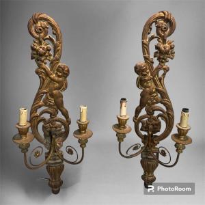Rare Pair Of Large Cast Iron And Golden Wood Sconces 