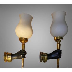 Pair Of Andre Arbus Wall Lamps In Bronze 