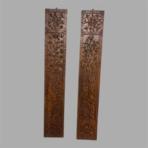 Pair Of Flat Carved Wooden Columns, Asia Circa 1900