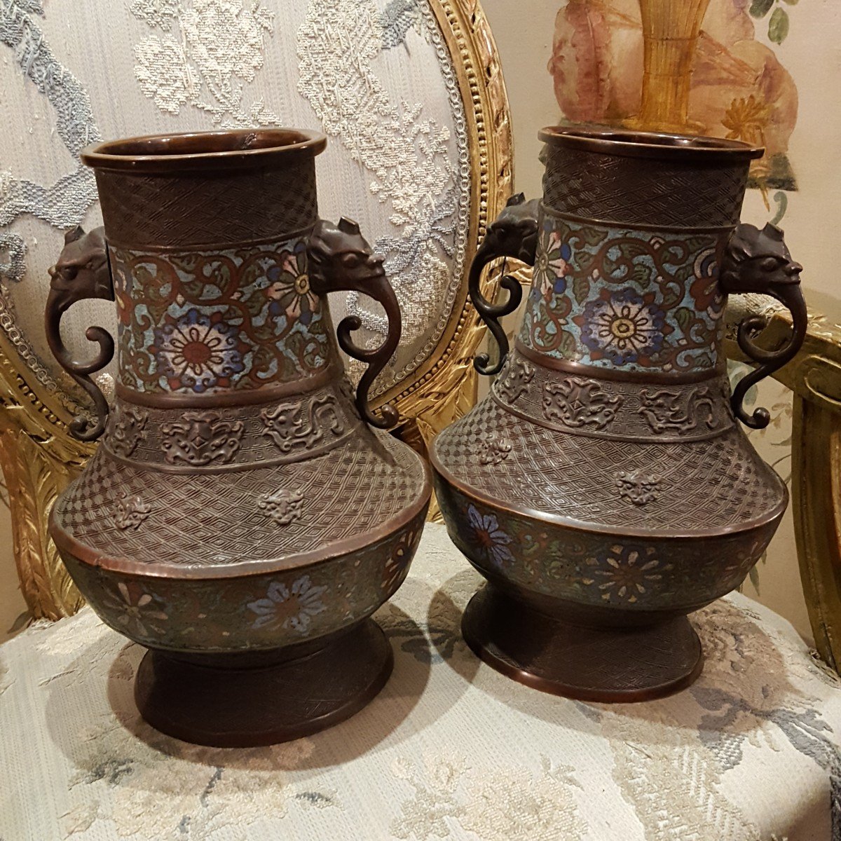 Pair Of 19th Century Cloisonne Bronze Vases