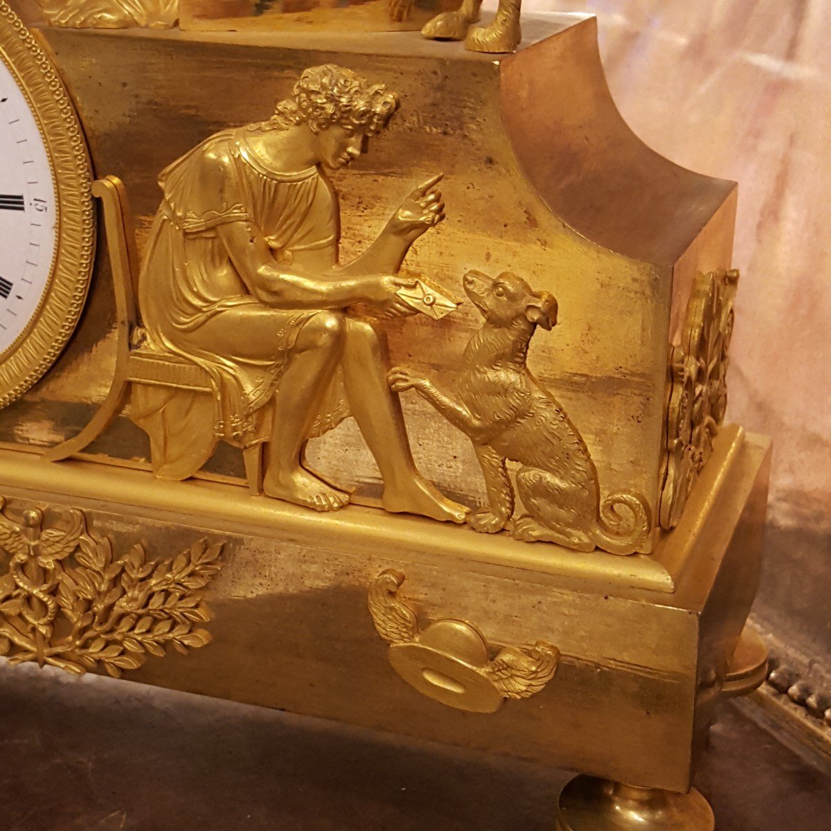 Empire: Gilt Bronze Clock "the Young Woman And Her Dog".-photo-2