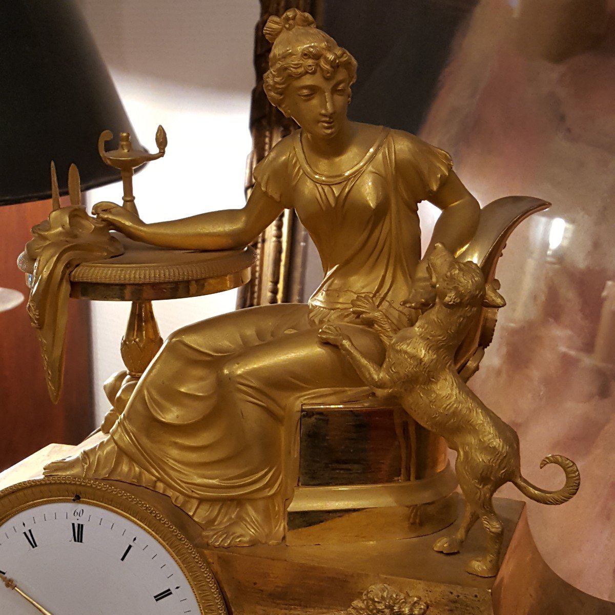 Empire: Gilt Bronze Clock "the Young Woman And Her Dog".-photo-3