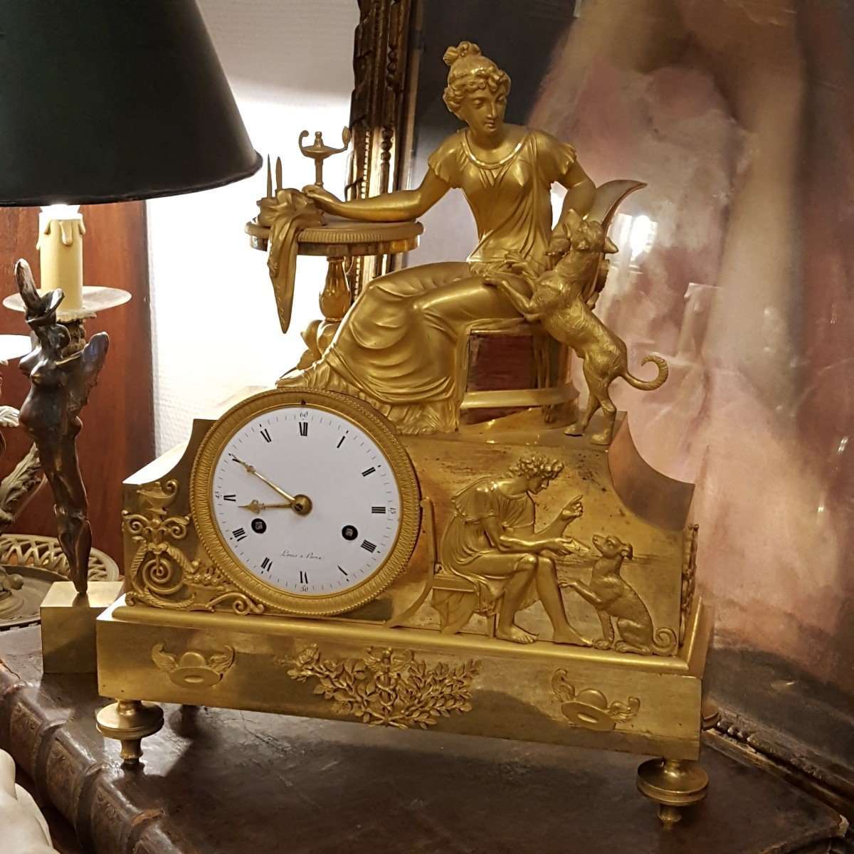 Empire: Gilt Bronze Clock "the Young Woman And Her Dog".-photo-2