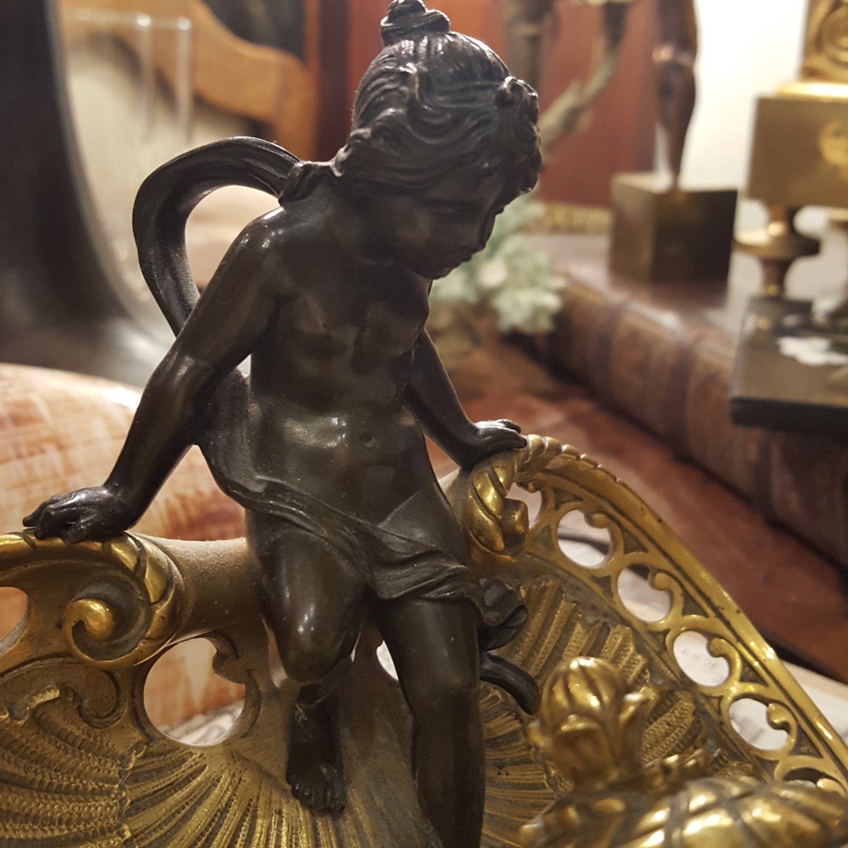 Gilt Bronze Inkwell "child With Shell"-photo-2