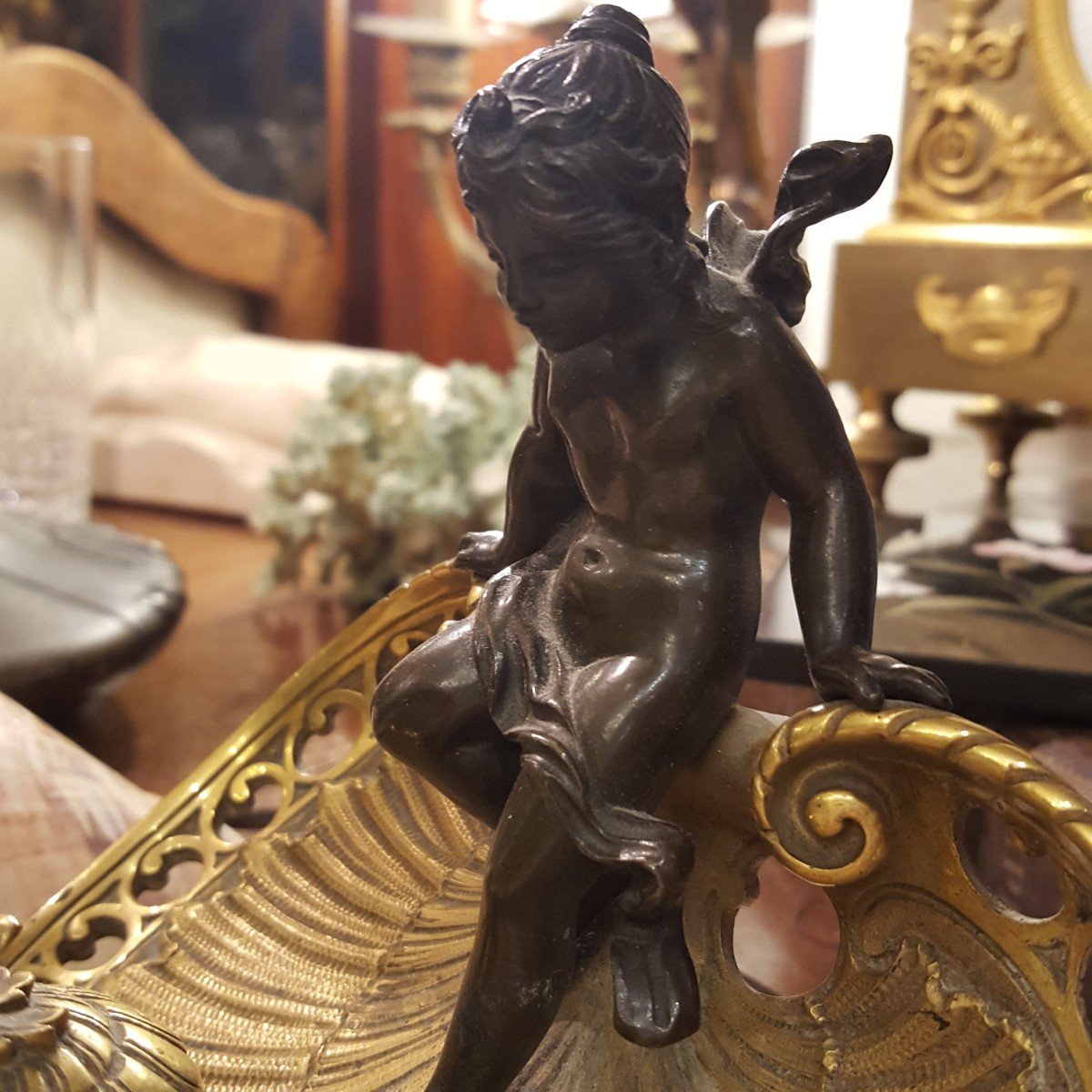 Gilt Bronze Inkwell "child With Shell"-photo-4