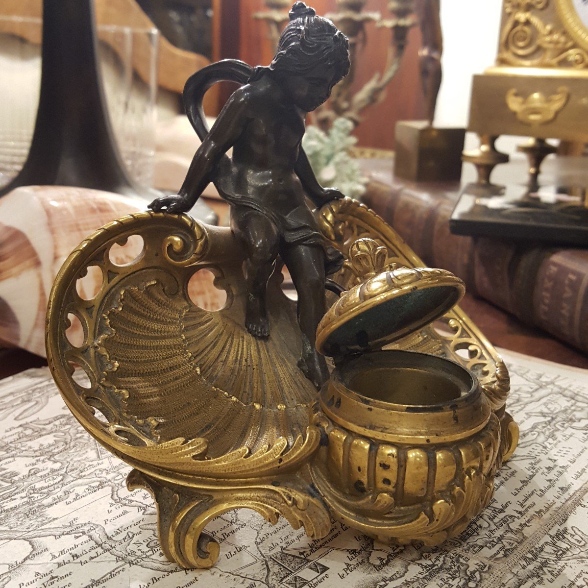 Gilt Bronze Inkwell "child With Shell"-photo-1