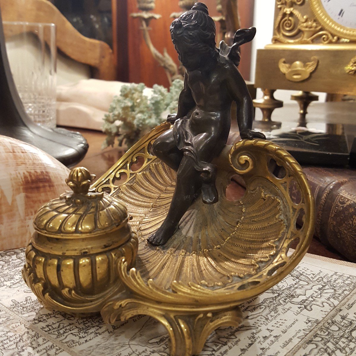 Gilt Bronze Inkwell "child With Shell"