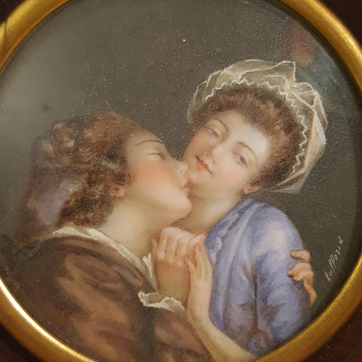 The Kiss: 19th Century Miniature Signed.-photo-3