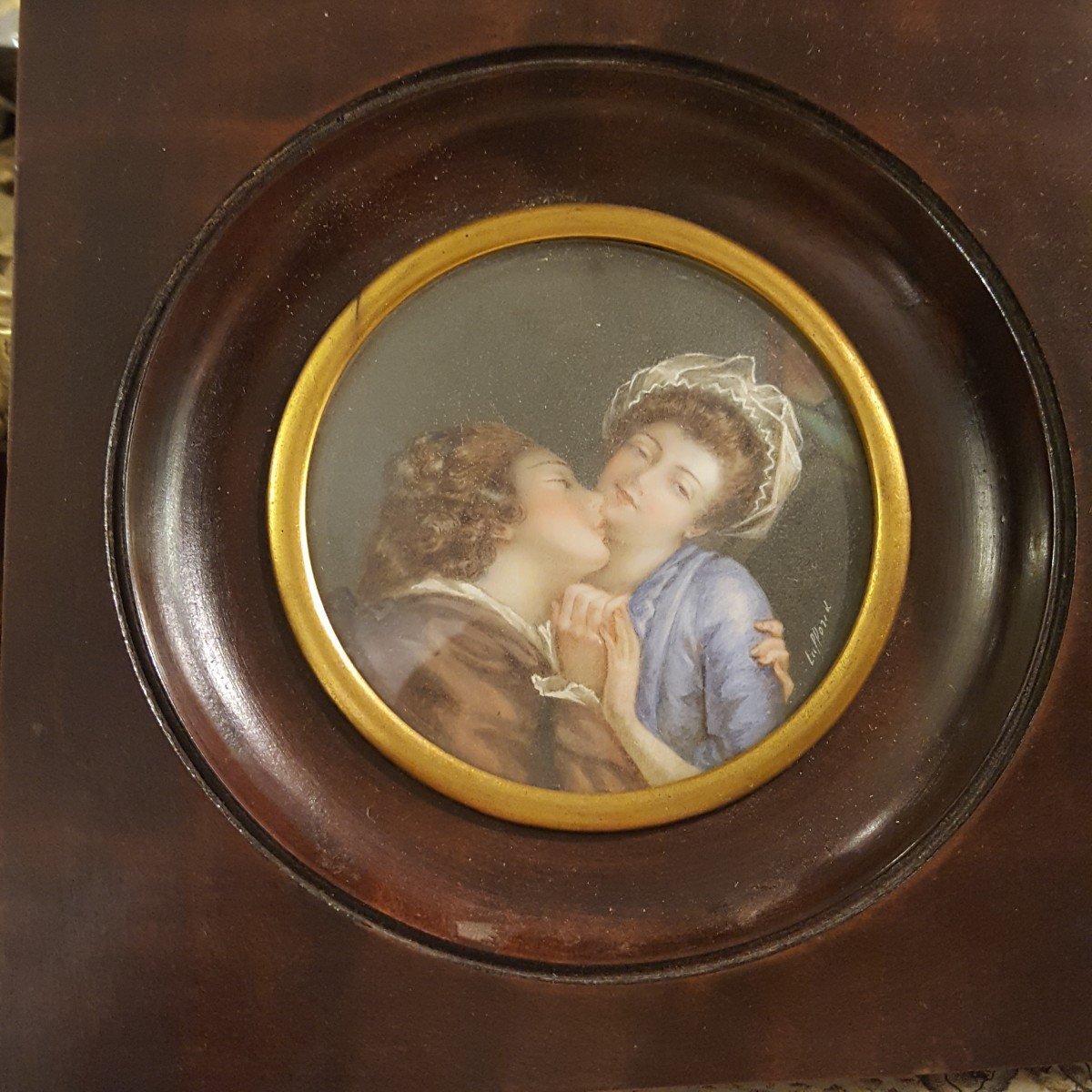 The Kiss: 19th Century Miniature Signed.-photo-4