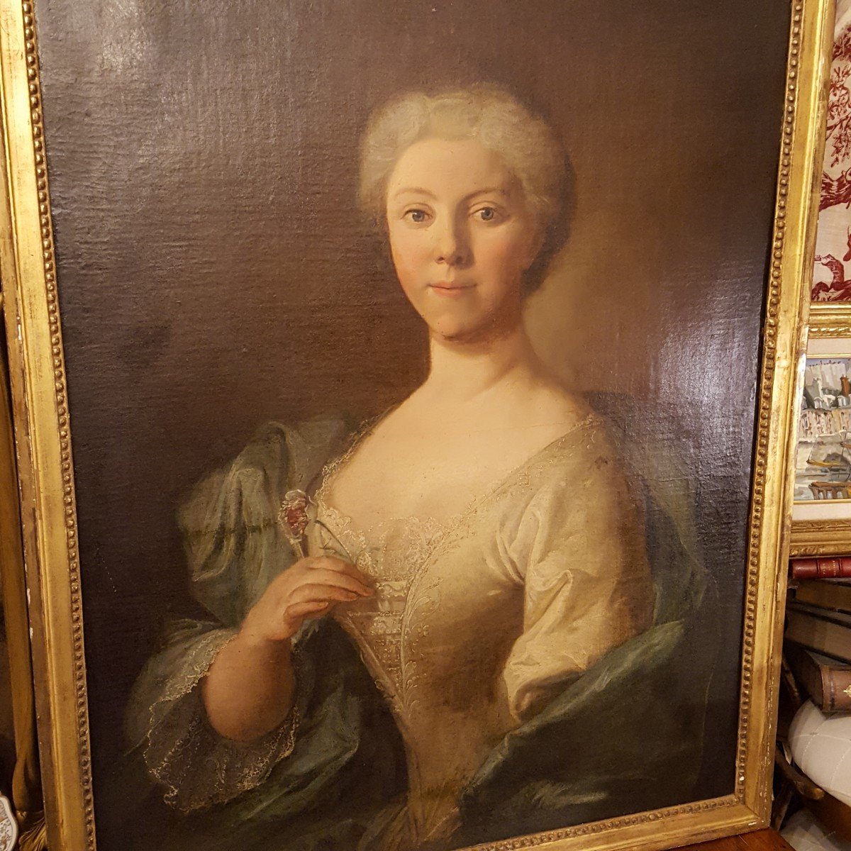 Young Woman Holding A Flower 18th Century Canvas Follower Of Nattier-photo-4