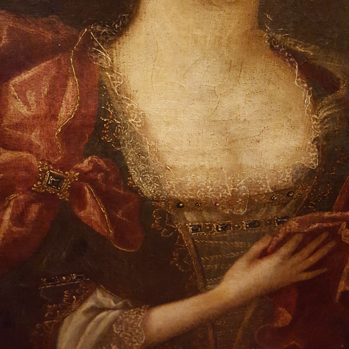 Portrait  Femme à l'étole Rouge Huile Sur Toile XVIIème -photo-4