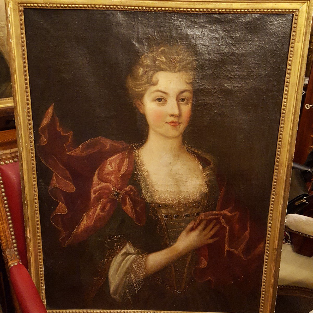 Portrait  Femme à l'étole Rouge Huile Sur Toile XVIIème 