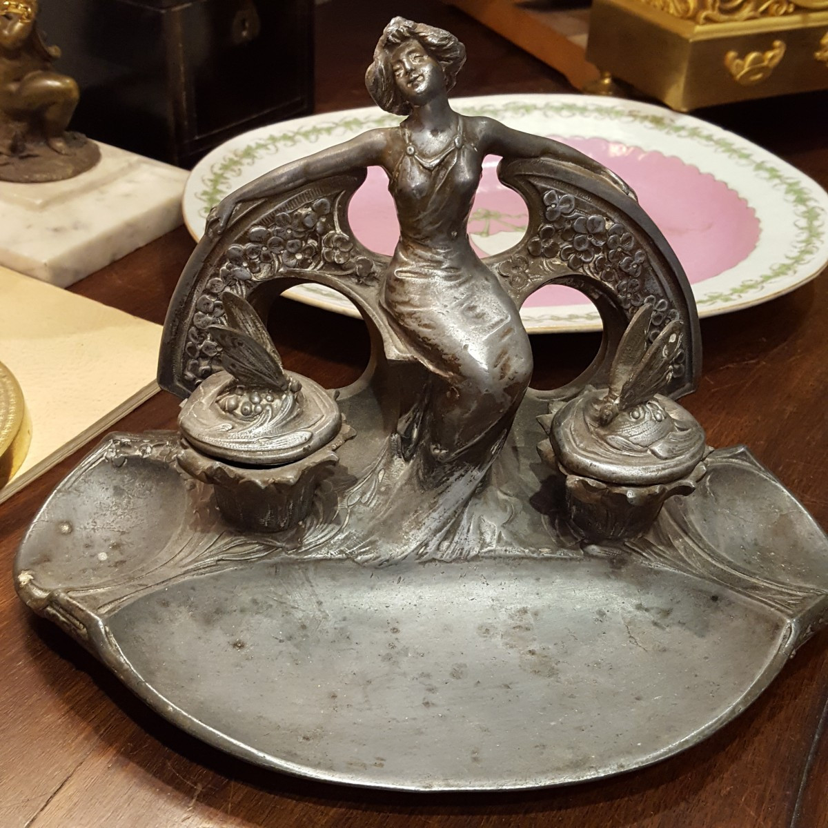 Art Nouveau: Inkwell Woman With Butterflies