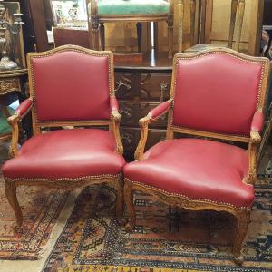 Regency: Pair Of Walnut And Leather Armchairs