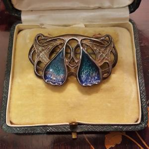 Enameled Art Nouveau Silver Brooch, Signed.