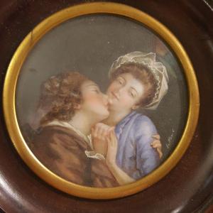 Le Baiser : Miniature XIXème Signé.