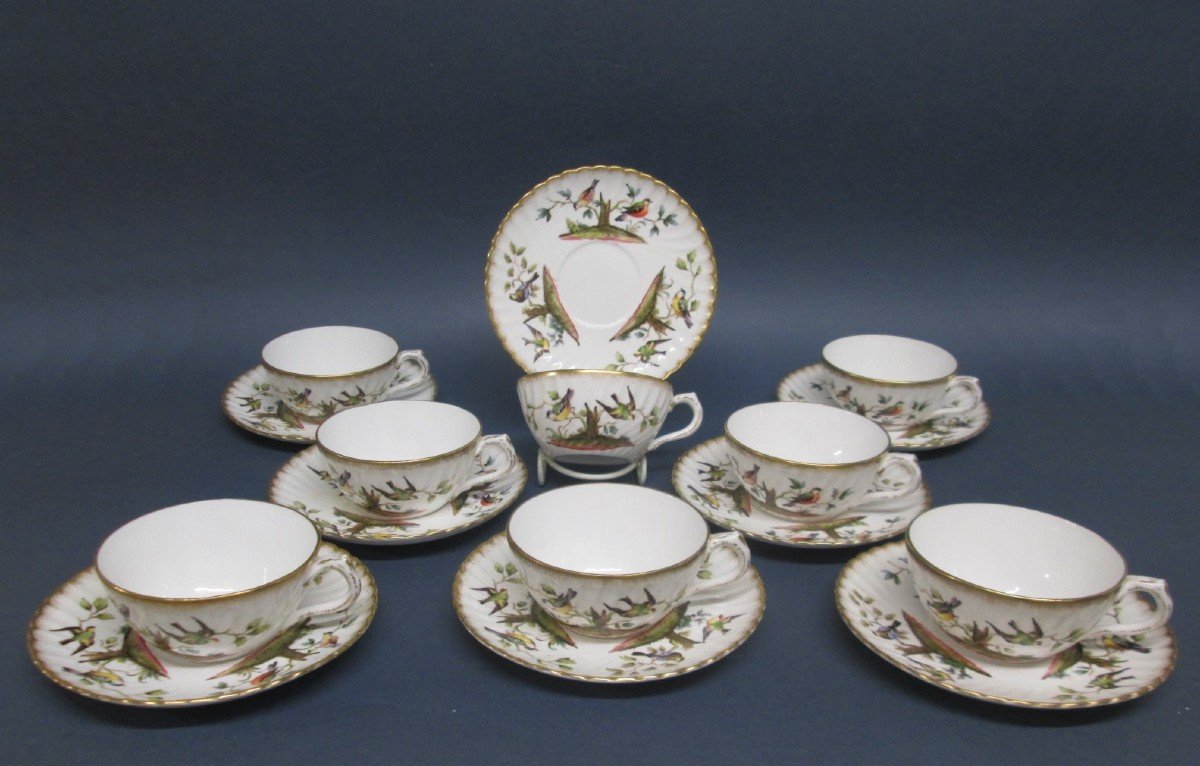 Sarreguemines, 8 Tasses à Thé En Porcelaine Décor Oiseaux à La Manière De Meissen, Herend